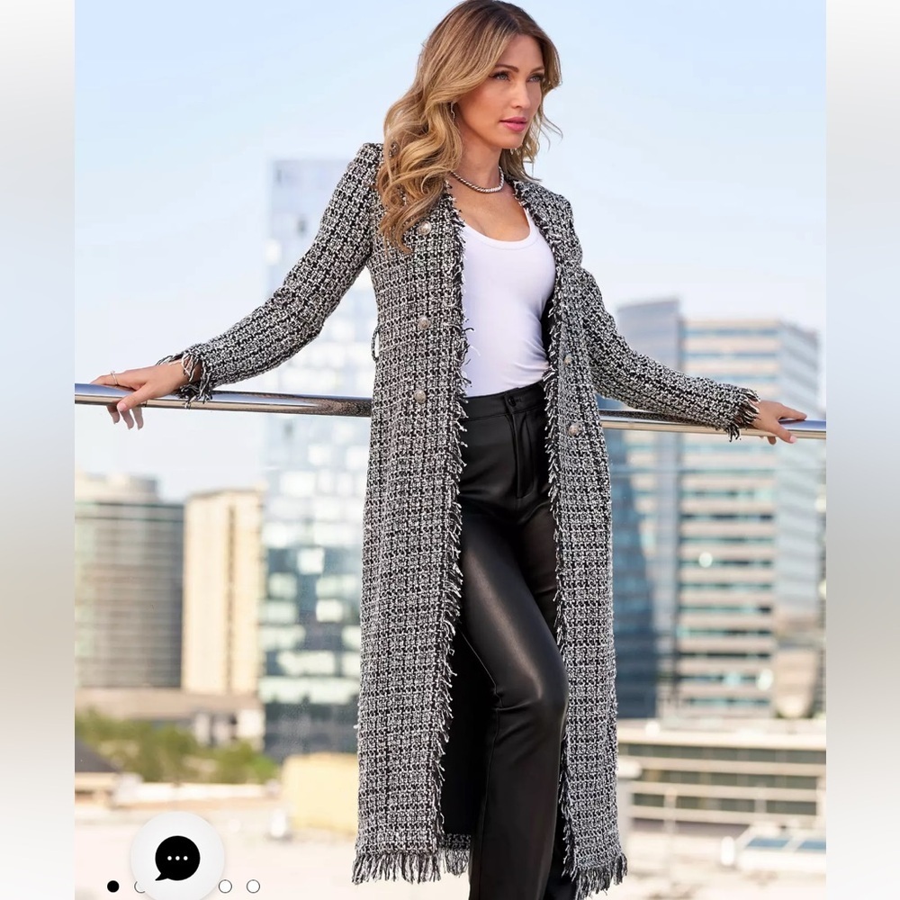 Boston Proper black white silver metallic tweed duster jacket 6